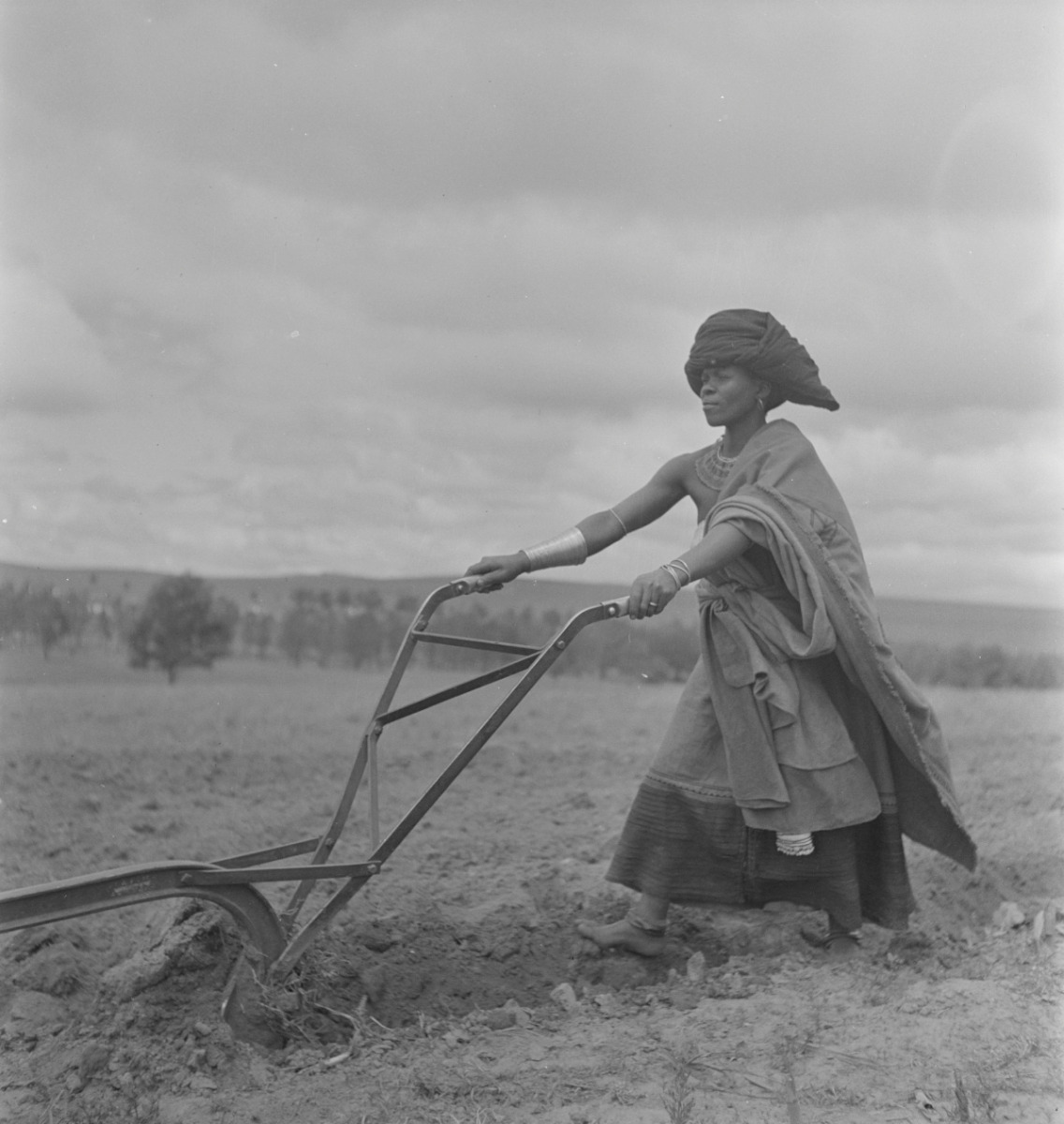Woman ploughing, Transkei, 1947. Woman working in the fields while men work in the mines. Photo by Constance Stuart Larrabee